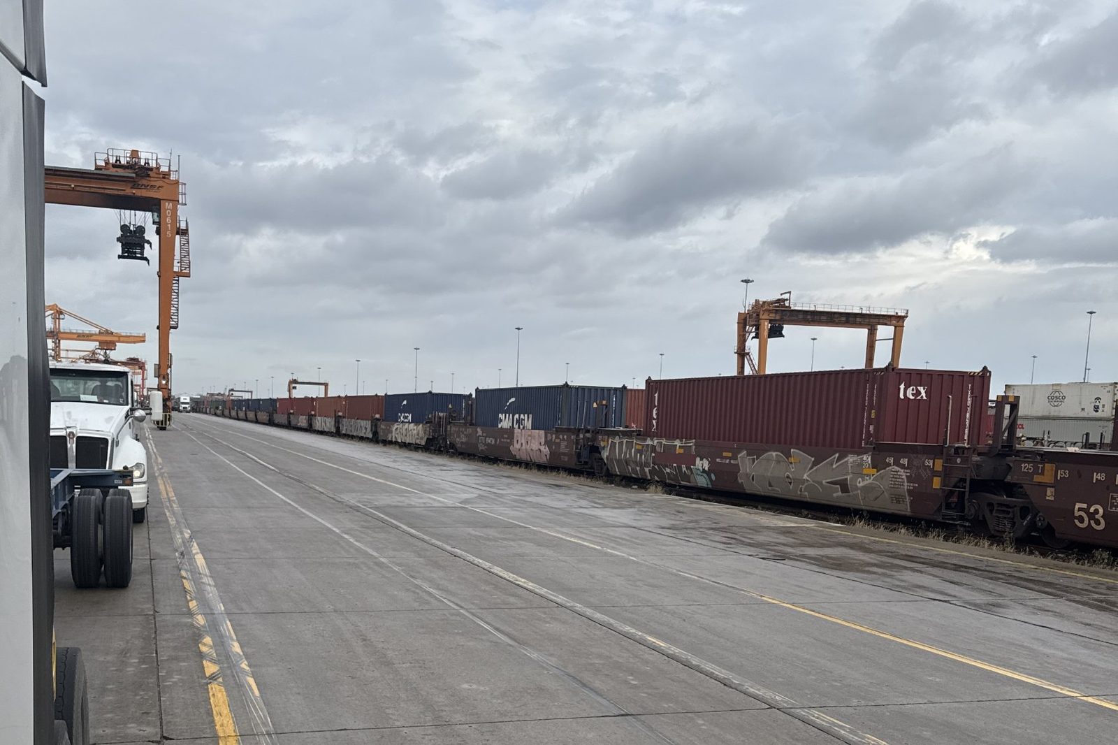 Double-stack intermodal train in a Chicago rail yard